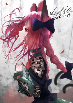 Rule 34 | 1girl, absurdres, adapted costume, animal ears, black bow, blurry, bow, braid, cat ears, cat girl, cat tail, closed mouth, commentary request, dated, depth of field, from side, hair bow, highres, kaenbyou rin, long sleeves, multiple tails, red eyes, red nails, sadil, see-through clothes, see-through sleeves, signature, simple background, solo, tail, touhou, two tails, upper body, variant set, white background