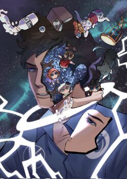 1boy bird birdcage black_hair blue_eyes blue_shirt bluebird book bottle cage cat collared_shirt commentary crack dio_(kyokugen_dasshutsu) doll english_commentary eyeball highres k_(kyokugen_dasshutsu) kyokugen_dasshutsu kyokugen_dasshutsu_adv:_zennin_shibou_desu luna_(kyokugen_dasshutsu) male_focus milk_bottle open_book phi_(kyokugen_dasshutsu) portrait severed_arm severed_limb shiroginko shirt short_hair sigma_(kyokugen_dasshutsu) space spilled_milk star_(sky) stuffed_toy zero_iii