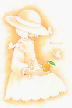 1girl bug butterfly chiori_n colored_pencil_(medium) commentary_request dress food fruit hat hat_over_eyes highres holding_orange insect orange_(fruit) orange_theme original short_hair solo traditional_media