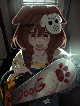 1girl :3 :d absurdres animal_ears braid brown_eyes brown_hair chainsaw collarbone commentary_request crazy_eyes dog_ears dog_girl dot_nose english_text fangs highres holding hololive indoors inugami_korone inugami_korone_(9th_costume) long_hair looking_at_viewer mask mask_on_head numzawa official_alternate_costume open_mouth paw_print smile twin_braids virtual_youtuber
