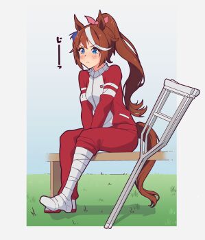 Rule 34 | 1girl, absurdres, animal ears, bandaged foot, bandaged leg, bandages, blue eyes, blush, bow, breasts, brown hair, closed mouth, commentary request, crutch, ear ribbon, hair between eyes, high ponytail, highres, horse ears, horse girl, horse tail, injury, jacket, long hair, long sleeves, multicolored hair, pants, ponytail, red jacket, red pants, red track suit, shoes, sitting, snow hawkeye, solo, streaked hair, tail, tokai teio (umamusume), tracen training uniform, track jacket, track pants, track suit, two-tone hair, umamusume, white hair