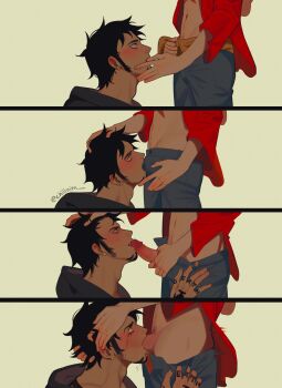 2boys absurdres arm_tattoo black_hair blush chilinim crying crying_with_eyes_open earrings fellatio focus hands_on_another&#039;s_head highres jewelry male_focus monkey_d._luffy multiple_boys one_piece oral short_hair tatto tattoo tears trafalgar_law yaoi