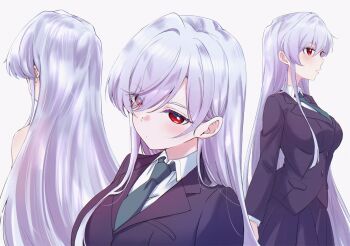 Rule 34 | 1girl, black jacket, black skirt, blazer, breasts, collared shirt, doublemengu, eiai nano, green necktie, grey hair, hashtag-only commentary, highres, jacket, kimi no koto ga dai dai dai dai daisuki na 100-nin no kanojo, large breasts, long hair, long sleeves, multiple views, necktie, ohananomitsu high school uniform, pleated skirt, red eyes, school uniform, shirt, simple background, skirt, swept bangs, very long hair, white background, white shirt
