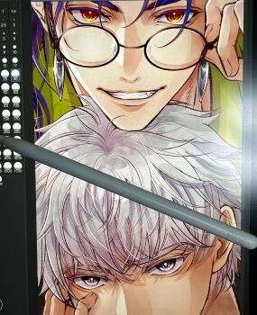 Rule 34 | 2boys, adjusting eyewear, archer (fate), art program in frame, black-framed eyewear, blue hair, commentary request, cu chulainn (fate), cu chulainn (lancer) (fate), earrings, fang, fate/hollow ataraxia, fate (series), grin, hawaiian shirt, head rest, highres, hiyuri, jewelry, long hair, looking at viewer, male focus, mouth out of frame, multiple boys, orange eyes, purple eyes, round eyewear, shirt, short hair, smile, tooth, white hair