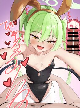 1boy 1girl :d absurdres animal_ear_hairband animal_ears armpits awai_chitose bare_arms bare_shoulders black_leotard blue_archive blush breasts brown_hairband clothed_female_nude_male clothing_aside collarbone covered_navel cross-section cum cum_in_pussy dot_nose earrings ejaculation fake_animal_ears fang flat_chest girl_on_top grabbing_another&#039;s_waist gradient_background green_hair green_halo hair_between_eyes hairband half-closed_eyes halo heart hetero highleg highres internal_cumshot jewelry leotard leotard_aside loli long_hair nipples nozomi_(blue_archive) nude open_mouth oversized_breast_cup penis playboy_bunny pointy_ears pov pov_hands rabbit_ear_hairband rabbit_ears reaching reaching_towards_viewer sex simple_background skin_fang small_breasts smile strapless strapless_leotard sweat sweatdrop twintails vaginal very_long_hair yellow_eyes