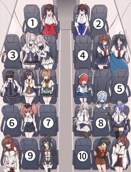 Rule 34 | 6+girls, ahoge, airplane interior, akagi (kancolle), akizuki (kancolle), akizuki kai ni (kancolle), atlanta (kancolle), black skirt, blue skirt, chair, commentary request, eating, etorofu (kancolle), from above, furutaka (kancolle), furutaka kai ni (kancolle), fuyutsuki (kancolle), hakama, hakama skirt, hatsuzuki (kancolle), hatsuzuki kai ni (kancolle), highres, hyuuga (kancolle), hyuuga kai ni (kancolle), japanese clothes, kabocha torute, kaga (kancolle), kako (kancolle), kako kai ni (kancolle), kantai collection, long hair, meme, mogami (kancolle), mogami kai ni (kancolle), multiple girls, numbered, sado (kancolle), school uniform, serafuku, short hair, skirt, sleeping, south dakota (kancolle), suzutsuki (kancolle), teruzuki (kancolle), washington (kancolle), where are you sitting (meme), yahagi (kancolle), yahagi kai ni (kancolle), yamato (kancolle), yamato kai ni (kancolle), yuri