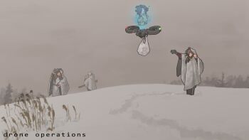 3girls 4girls absurdres adjusting_clothes adjusting_headwear arm_up bag blonde_hair bolt_action brown_hair cape character_request check_character closed_mouth commentary day drone english_commentary english_text fairy_(girls&#039;_frontline) flying full_body girls&#039;_frontline gnom_na_korable gun hat highres holding hologram long_hair looking_at_another mechanical_arms mosin-nagant mosin-nagant_(girls&#039;_frontline) mosin-nagant_(mod3)_(girls&#039;_frontline) multiple_girls night_vision_device outdoors rifle single_mechanical_arm smile ump45_(girls&#039;_frontline) ump45_(mod3)_(girls&#039;_frontline) ump9_(girls&#039;_frontline) ump9_(mod3)_(girls&#039;_frontline) ushanka weapon white_cape