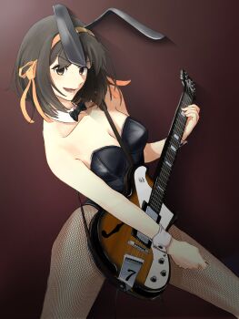1girl absurdres animal_ears black_bow black_bowtie black_leotard bow bowtie breasts brown_eyes brown_hair cleavage commentary_request detached_collar electric_guitar fake_animal_ears fishnet_pantyhose fishnets guitar hair_ribbon highres holding holding_guitar holding_instrument instrument large_breasts leotard looking_at_viewer medium_hair open_mouth orange_ribbon pantyhose playboy_bunny rabbit_ears ribbon rqxmqau0lh2259 solo standing strapless strapless_leotard suzumiya_haruhi suzumiya_haruhi_no_yuuutsu traditional_bowtie white_wrist_cuffs wrist_cuffs