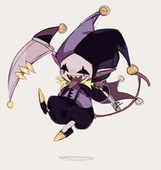 1boy :d black_cape black_hat black_shoes black_shorts cape chinese_commentary colored_skin colored_teeth commentary_request deltarune devilsknife_(deltarune) full_body grey_background hat hat_bell holding holding_scythe hollow_eyes jester jester_cap jevil jevilstail jumping long_sleeves looking_at_viewer male_focus ningzzz open_mouth pink_tail puffy_long_sleeves puffy_shorts puffy_sleeves purple_hat purple_shirt scar_across_eyes scythe sharp_teeth shirt shoes shorts simple_background smile solo suspender_shorts suspenders teeth tongue tongue_out two-tone_hat upper_teeth_only utdr_(toby_fox) white_skin yellow_teeth