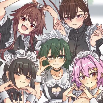 Rule 34 | 5girls, :3, ahoge, alternate costume, apron, black boots, black dress, black hair, blush, boots, braid, breasts, brown eyes, brown hair, cleavage, clothing cutout, collarbone, commentary request, detached collar, dress, embarrassed, enmaided, finger heart, flat chest, frills, full body, green eyes, green hair, half-heart hands, hands on own head, heart, heart cutout, heart hands, highres, huge ahoge, kantai collection, kiso (kancolle), kitakami (kancolle), kneeling, kuma (kancolle), lace-up boots, large breasts, long hair, looking at viewer, maid, maid apron, maid headdress, medium breasts, motizou, multiple girls, ooi (kancolle), pink hair, platform shoes, pleated dress, red eyes, short hair, short sleeves, simple background, single braid, smile, squatting, tama (kancolle), upper body, waist apron, white apron, white background, white dress, white wrist cuffs, wrist cuffs, yellow eyes