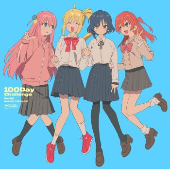 Rule 34 | 4girls, asymmetrical bangs, bent v, betti (xx betti), blonde hair, blue background, blue eyes, blue hair, bocchi the rock!, bow, bowtie, braid, braided ponytail, brown eyes, closed eyes, collared shirt, cube hair ornament, full body, gotoh hitori, hair ornament, hairclip, highres, holding hands, ijichi nijika, jacket, kessoku band, kita ikuyo, loafers, long hair, long sleeves, looking to the side, multiple girls, neck ribbon, one side up, open mouth, orange hair, pink hair, pleated skirt, ribbon, school uniform, serafuku, shirt, shirt tucked in, shoes, short hair, side ponytail, skirt, sleeves past wrists, smile, sneakers, socks, track jacket, v, very long hair, yamada ryo