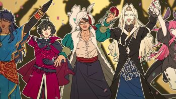 Rule 34 | absurdres, armor, black hair, blonde hair, closed eyes, coat, constantine xi (fate), dark-skinned male, dark skin, dragon girl, dragon horns, dragon tail, earrings, elizabeth bathory (fate), fate/grand order, fate/strange fake, fate (series), fur-trimmed coat, fur trim, gloves, highres, horns, jewelry, mehmed ii (fate), necklace, open mouth, parody, pink hair, romulus-quirinus (fate), shirt, shooou 0104, smile, tail, turban, vlad iii (fate/apocrypha)