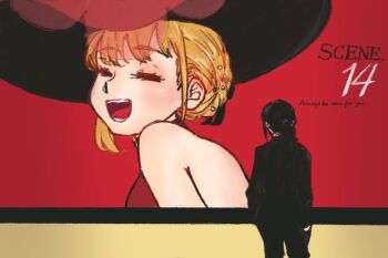 1girl billboard black_hair black_hat black_suit blonde_hair closed_eyes commentary daimyo0208 formal_clothes hair_up hat highres inoue_takina long_hair long_sleeves lycoris_recoil meme nishikigi_chisato open_mouth ponytail smile suit symbol-only_commentary veil_scene_14_redraw_(meme)