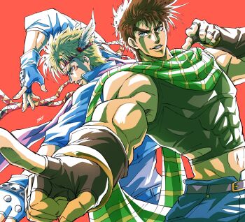 abs absurdres battle_tendency belt blonde_hair blue_gk blue_gloves blue_pants brown_gloves brown_hair caesar_anthonio_zeppeli facial_mark feather_hair_ornament feathers fingerless_gloves gloves green_eyes green_scarf green_tank_top hair_ornament headband highres index_finger_raised jojo_no_kimyou_na_bouken joseph_joestar joseph_joestar_(young) midriff muscular muscular_male navel official_style pants parted_lips pectorals popped_collar purple_belt scarf striped_clothes striped_scarf tank_top teeth triangle_print yui_fightpaint