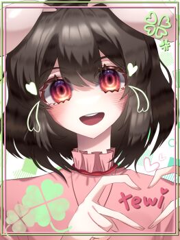 1girl animal_ears black_hair blush character_name clover collar commentary dress four-finger_heart_hands four-leaf_clover frilled_collar frills heart heart_hands highres inaba_tewi looking_at_viewer lop_rabbit_ears pink_dress portrait rabbit_ears rabbit_girl red_eyes ringed_eyes short_hair smile solo teeth teitewi&amp;kimbug touhou upper_teeth_only