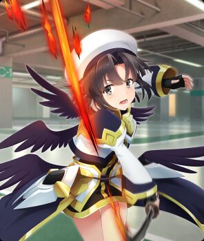 1girl beret black_gloves black_hair black_wings blush ceiling_light cosplay cowboy_shot dress fingerless_gloves fire game_cg gloves grey_eyes hat holding holding_sword holding_weapon incoming_attack indoors katana long_sleeves looking_at_viewer lower_teeth_only lyrical_nanoha magical_girl mahou_shoujo_lyrical_nanoha_detonation multiple_wings musumi_kiyoka official_art open_mouth parking_garage parted_bangs solo swinging_weapon sword teeth third-party_source toji_no_miko toji_no_miko:_kizamishi_issen_no_tomoshibi weapon white_dress white_hat wings yagami_hayate yagami_hayate_(cosplay)
