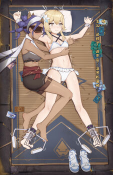 2girls absurdres barefoot bdsm belt blonde_hair blush bondage bound bound_ankles bound_toes bound_wrists bra breasts card chinese_text constricted_pupils frown genshin_impact hair_between_eyes highres hug imminent_tickling jeht_(genshin_impact) juzi_(orange8619) lumine_(genshin_impact) lying motion_lines multiple_girls on_back on_side outstretched_arms panties pillow restrained sandals sanpaku shiny_skin short_hair sidelocks small_breasts smile spread_arms spread_eagle_position spread_legs surprised toes translation_request trembling underwear unworn_sandals white_bra white_panties wide-eyed yellow_eyes yuri