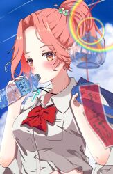 Rule 34 | 1girl, absurdres, blush, bottle, bow, bowtie, breasts, curtained hair, drinking, heaven burns red, highres, maria de angelis, medium hair, red bow, red bowtie, red eyes, shirt, solo, summer, takato, water bottle, white shirt