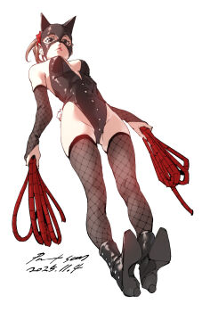 1girl black_leotard bridal_gauntlets brown_eyes brown_hair fishnet_gloves fishnet_thighhighs fishnets from_below full_body gloves high_heels highleg highleg_leotard highres leotard looking_at_viewer mask nabipenciller original ponytail rope solo thighhighs