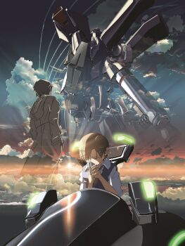 00s 1boy 1girl arm_up back black_hair blue_sky brown_hair cellphone chair closed_mouth cloud coat cockpit collared_shirt crying day dutch_angle eyelashes full_body hair_between_eyes hair_ornament hairclip hairpin highres holding holding_phone hood hood_down hoshi_no_koe indoors landscape light_rays lips long_sleeves looking_at_another looking_back machine mecha nagamine_mikako necktie official_art on_chair outdoors own_hands_clasped own_hands_together phone robot scenery school_uniform shade shinkai_makoto shirt short_hair sitting sky standing stomach sunbeam sunlight sunset tears terao_noboru upper_body white_shirt