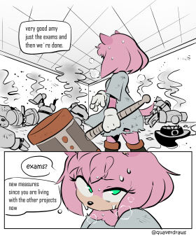 1girl alternate_universe amy_rose animal_nose catching_breath coat commentary english_commentary exhausted eyelashes furry furry_female gloves grey_coat hammer heavy_breathing hedgehog_girl highres holding holding_hammer hospital_gown pink_fur quaverdraws robot short_hair short_tail sonic_(series) sweat sweatdrop tail torn_clothes torn_coat white_coat white_gloves