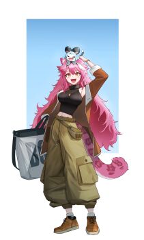 1girl absurdres alternate_costume animal_ears belt black_sweater blue_background blush breasts brown_belt brown_coat brown_shoes chattino_(raora_panthera) coat commentary fang goggles goggles_on_head green_pants highres hololive hololive_english jewelry large_breasts long_hair long_sleeves looking_at_viewer multicolored_hair navel necklace open_mouth panther_ears panther_girl panther_tail pants pink_hair radi_(pixiv_88192217) raora_panthera shoes skin_fang smile streaked_hair sweater tail tongue two-tone_hair virtual_youtuber white_background white_bag yellow_eyes