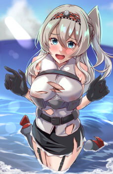 1girl belt black_belt black_gloves black_skirt blue_eyes blue_sky braid breasts day glorious_(kancolle) gloves grey_hair hair_between_eyes half_up_braid headband highres kantai_collection large_breasts miniskirt one_side_up outdoors roku_(roku28) shirt skirt sky sleeveless sleeveless_shirt solo torn_clothes torn_shirt torn_skirt white_shirt