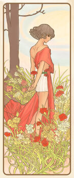 1boy art_nouveau brown_hair carnation day erich_fruhling flower hino_ataru looking_back outdoors red_carnation red_flower solo standing touma_no_shinzou tree