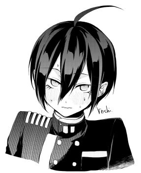 Rule 34 | 1boy, ahoge, artist name, blush, buttons, closed mouth, collared jacket, commentary request, cropped shoulders, danganronpa (series), danganronpa v3: killing harmony, eyelashes, greyscale, hair between eyes, highres, jacket, kinashi runamu, looking at viewer, male focus, monochrome, pinstripe jacket, pinstripe pattern, portrait, saihara shuichi, short hair, shy, simple background, solo, sweat, white background