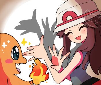 Rule 34 | 1girl, :d, black eyes, blue shirt, brown hair, bucket hat, charmander, closed eyes, fang, fire, gen 1 pokemon, hat, highres, leaf (pokemon), long hair, looking at another, nintendo, open mouth, pokemon, pokemon (creature), pokemon frlg, porkpie hat, shadow puppet, shirt, simple background, sleeveless, sleeveless shirt, smile, sparkle, upper body, white background, white hat, yoshishi (yosisitoho)