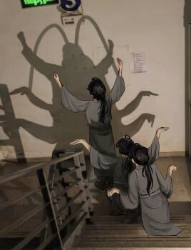 3boys absurdres black_hair black_robe black_tunic clone different_shadow from_behind full_body gildell highres indoors multiple_boys outstretched_arms parody photo_background ponytail robe shadow_slave stairs stairwell sunny_(shadow_slave) tunic