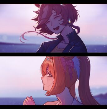 2girls animal_ears arawaffle bare_shoulders black_jacket brown_hair closed_eyes collarbone crying daiwa_scarlet_(casual)_(umamusume) daiwa_scarlet_(umamusume) hair_intakes hair_over_one_eye highres horse_ears horse_girl jacket long_hair long_sleeves multicolored_hair multiple_girls off-shoulder_shirt off_shoulder open_mouth red_eyes shirt smile tears teeth tiara twintails umamusume upper_body very_long_hair vodka_(casual)_(umamusume) vodka_(umamusume) white_hair white_shirt yellow_shirt