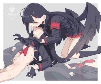 4girls age_difference blue_archive french_kiss highres ichika_(blue_archive) justice_task_force_member_(blue_archive) kiss loli multiple_girls nipple_stimulation nipple_tweak nipples onee-loli pussy_juice ribs school_uniform serafuku shiratama_mochi wings yuri