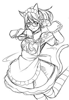 1girl absurdres alternate_costume animal_ears apron blush cat_ears cat_tail commentary_request eibon enmaided fake_animal_ears frills glasses greyscale highres long_hair looking_at_viewer maid maid_apron maid_headdress monochrome paw_pose robotics;notes science_adventure senomiya_akiho simple_background smile solo striped_clothes striped_thighhighs tail thighhighs white_background wrist_cuffs