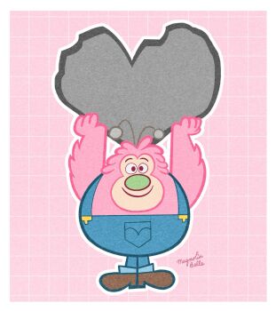 1boy antennae black_eyes boots brown_boots button_nose fuzzy_lumpkins grid_background happy heart highres holding holding_heart holding_rock looking_at_viewer magnolia-belle male_focus overalls pink_background pink_fur powerpuff_girls rock signature smile solo standing valentine