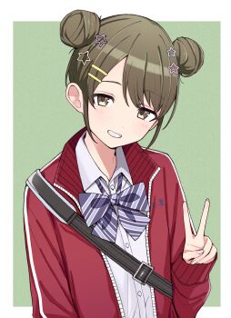 Rule 34 | 1girl, alternate hairstyle, bag, black bag, blush, bow, bowtie, collared shirt, diagonal-striped bow, diagonal-striped bowtie, diagonal-striped clothes, double bun, green eyes, green hair, hair between eyes, hair bun, hair ornament, hairclip, hand up, head tilt, highres, idolmaster, idolmaster shiny colors, jacket, long sleeves, looking at viewer, loose bowtie, name tag, nanakusa nichika, one eye closed, open mouth, parallel hairclips, qaqyes re, red jacket, red track suit, school uniform, shirt, short hair, simple background, sleeves past wrists, smile, solo, star (symbol), star hair ornament, striped bow, striped bowtie, striped clothes, swept bangs, track jacket, track suit, upper body, v, white shirt
