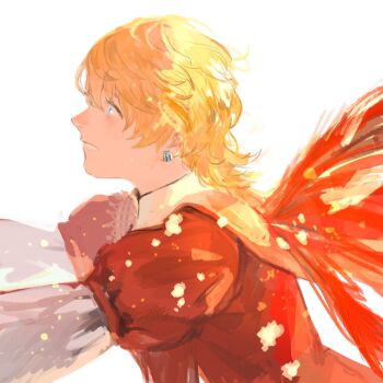 1boy blonde_hair blue_eyes cape child clenched_teeth coat commentary earrings english_commentary final_fantasy final_fantasy_xvi hair_between_eyes j2_path jewelry joshua_rosfield looking_to_the_side male_focus medium_hair outstretched_arms parted_lips red_cape red_coat solo teeth upper_body white_background