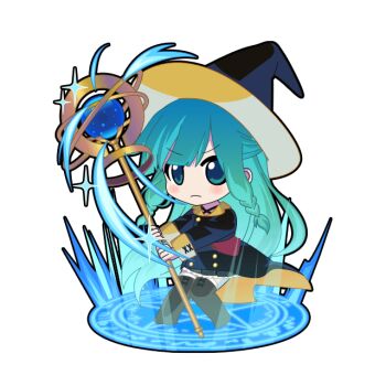 Rule 34 | 1girl, aqua eyes, aqua hair, black coat, black hat, black outline, black skirt, blush, boots, braid, braided sidelocks, brown boots, casting spell, chibi, chibi only, closed mouth, coat, floating clothes, floating hair, frown, full body, game asset, half updo, hat, hatsune miku, hatsune miku graphy collection, holding, holding staff, knees together feet apart, long hair, long sleeves, looking at viewer, mage staff, magic, magic circle, on magic circle, outline, pleated skirt, sidelocks, skirt, solo, sparkle, staff, standing, standing on magic circle, tailcoat, thigh boots, transparent background, v-shaped eyebrows, very long hair, vocaloid, witch, witch hat