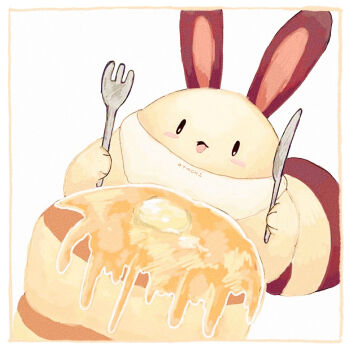 Rule 34 | black eyes, commentary request, food, food focus, fork, gen 2 pokemon, highres, holding, holding fork, holding knife, knife, large ears, nintendo, no humans, open mouth, pancake, pokemon, pokemon (creature), sentret, suu (225 zz5), syrup, white background