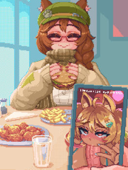 1girl ^_^ ahoge animal_ear_fluff blonde_hair blush braid breasts brown_hair burger closed_eyes commentary cup dark-skinned_female dark_skin double-parted_bangs drinking_glass ears_through_headwear english_commentary facing_viewer fellatio food french_fries glasses green_hat hair_over_shoulder hat hdoomguy highres holding holding_burger holding_food holding_phone indie_virtual_youtuber indoors juxtaposition large_breasts mint_castella mint_castella_(gyaru) mint_castella_(winter) official_alternate_costume oral penis phone pixel_art plate pov scarf semi-rimless_eyewear single_braid sleeves_past_wrists solo_focus under-rim_eyewear v virtual_youtuber wavy_mouth