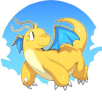 antennae blue_sky claws cloud colored_skin dragon dragonite flying gen_1_pokemon highres lilmoonie nintendo no_humans orange_skin outdoors pokemon pokemon_(creature) sky solo tail wings