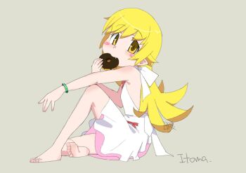 1girl apron artist_name back_bow bare_arms barefoot blonde_hair blush_stickers bow bow_apron bracelet brown_background chocolate_donut closed_mouth donut eating elbow_on_knee elbow_rest fang flat_chest food food_in_mouth from_side full_body hair_between_eyes hair_flaps hand_to_own_mouth hand_up holding holding_food itoma_mahimahi jewelry knee_blush knee_up long_hair monogatari_(series) oshino_shinobu pink_skirt pointy_ears red_bow shoulder_blush signature simple_background sitting skirt slit_pupils soles solo waist_bow white_apron white_bow yellow_eyes