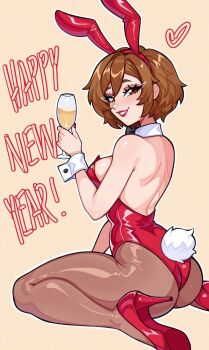 1girl animal_ear_hairband animal_ears ass bow bowtie breasts brown_eyes brown_hair cattsica champagne_flute commentary cup detached_collar drinking_glass english_commentary eyeshadow fake_animal_ears fake_tail from_behind from_side full_body hairband happy_new_year heart high_heels highleg highleg_leotard highres holding holding_cup leotard looking_at_viewer looking_back makeup meiko_(vocaloid) new_year outline pantyhose parted_lips pinup_(style) playboy_bunny rabbit_ear_hairband rabbit_ears rabbit_tail red_eyeshadow red_leotard red_lips red_nails red_shoes shoes short_hair sideboob simple_background sitting smile solo strapless strapless_leotard tail vocaloid wariza white_outline white_wrist_cuffs wrist_cuffs
