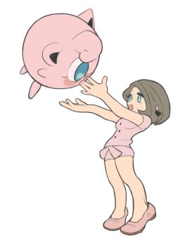 1girl aqua_eyes aqua_eyeshadow breasts brown_hair commentary_request earrings eyeshadow gen_1_pokemon heart heart_earrings highres jewelry jigglypuff kinni makeup medium_breasts nintendo open_mouth original pink_shirt pink_shoes pink_shorts pokemon pokemon_(creature) shirt shoes short_hair short_shorts shorts