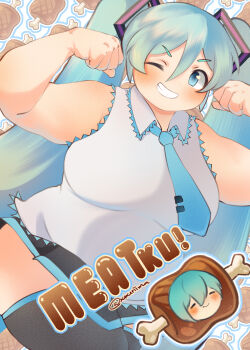 Rule 34 | !, 1girl, absurdres, alternate body size, alternate breast size (larger), aqua hair, artist name, bare shoulders, blue eyes, blue necktie, blue outline, boned meat, breasts, clenched hands, clenched teeth, cowboy shot, dot nose, flexing, food, hair between eyes, hair ornament, hatsune miku, highres, large breasts, long hair, looking at viewer, meat, miniskirt, necktie, one eye closed, open mouth, outline, plump, shirt, skirt, sleeveless, sleeveless shirt, teeth, thick arms, thick thighs, thighhighs, thighs, twintails, twitter username, vocaloid, white background, white outline, wing collar, xixiriima, zettai ryouiki
