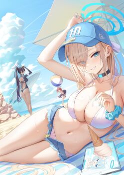 3girls absurdres alternate_costume arm_up asuna_(blue_archive) ball beach bikini bikini_top_only black_choker black_hair blonde_hair blue_archive blue_eyes blue_halo blue_nails blue_sky breasts choker cloud collarbone commentary dark-skinned_female dark_skin food goggles goggles_on_head grin hair_over_one_eye halo hat high_ponytail highres holding holding_surfboard ice_cream k_(kih8707) karin_(blue_archive) large_breasts long_hair looking_at_viewer multiple_girls nail_polish navel neru_(blue_archive) ocean orange_hair playing_sports ponytail short_shorts shorts sky smile stomach summer surfboard sweat swimsuit thighs throwing very_long_hair volleyball volleyball_(object)