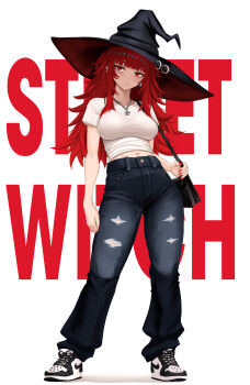1girl bag black_hat blue_pants blunt_bangs breasts closed_mouth commentary contrapposto cross cross_necklace denim earrings english_commentary english_text expressionless full_body hat hat_ring high_tops highres inverted_cross jeans jewelry large_breasts long_hair looking_at_viewer midriff_peek nail_polish navel necklace nike_(company) original pants red_eyes red_hair red_nails shirt shoes short_sleeves shoulder_bag sneakers solo standing t-shirt text_background torn_clothes torn_pants val_(yan_kodiac) white_background white_shirt witch_hat yan_kodiac