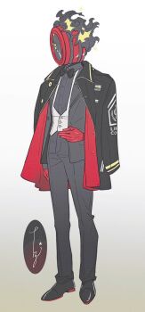 1other black_bow black_bowtie black_pants black_shirt black_shoes bow bowtie clock collared_shirt commentary dante_(limbus_company) fire full_body gloves highres jacket limbus_company object_head other_focus pants project_moon red_gloves red_jacket shirt shoes simple_background solo symbol-only_commentary tama_launcher vest white_background white_vest