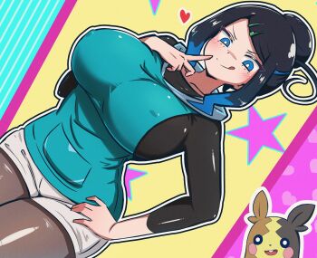 1girl aqua_hoodie black_hair blue_eyes blue_hair breasts commentary_request cowlick fake_liko_(pokemon) gen_8_pokemon green_hair_ornament hair_ornament hairclip highres hood hooded_vest hoodie kotako-san large_breasts loose_hair_strand mature_female morpeko nintendo pantyhose pantyhose_under_shorts pokemon pokemon_(anime) pokemon_horizons pokemon_hz138 shorts sidelocks swept_bangs tsurime undershirt updo vest white_shorts