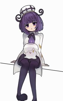 1girl :o blunt_bangs bob_cut coat eyelashes full_body gen_5_pokemon gwynn_(pokemon) hat highres litwick long_sleeves nintendo on_lap open_mouth pokemon pokemon_(creature) pokemon_legends:_z-a pokemon_on_lap purple_eyes purple_hair short_hair sitting suiren_nei white_coat